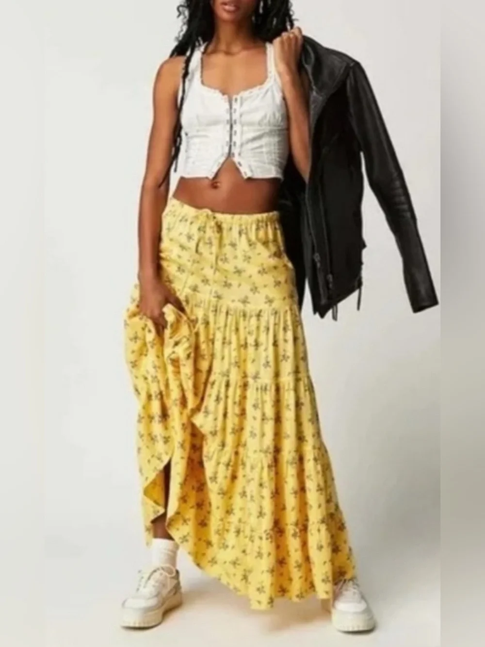 Free People Nova Tiered Maxi Skirt Lemon Combo Size S ~ NWOT - Picture 1 of 15